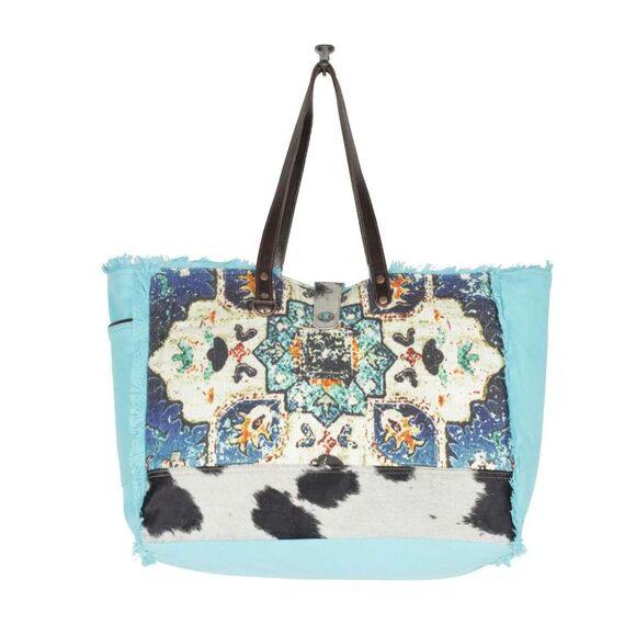 Myra Bag Handmade Chroma Weekender Bag Upcycled Canvas & Cowhide Leather - Picture 9 of 12